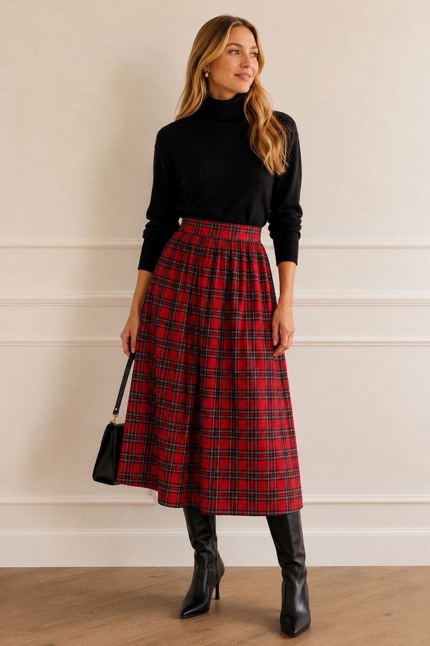 NWT Entro Red Plaid A-Line Midi Skirt | Holiday Tartan | Classic Fall & Winter,